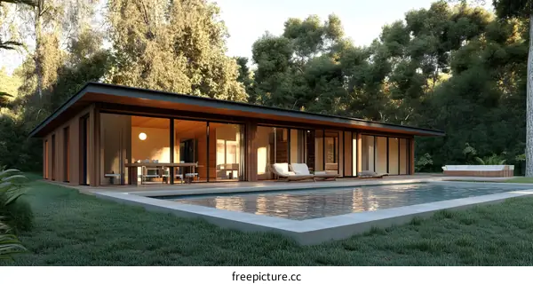 Modern Wooden House with Swimming Pool in the Forest