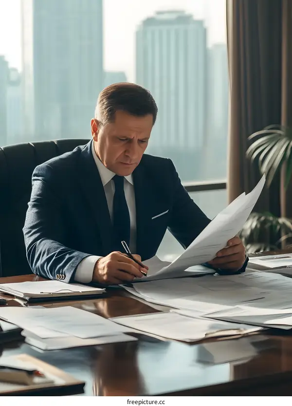 Caucasian Businessman Reviewing Documents in Office