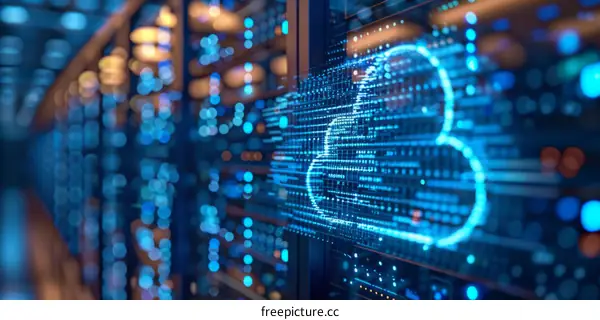 Futuristic Binary Data Center with Glowing Blue Cloud Computing Symbol