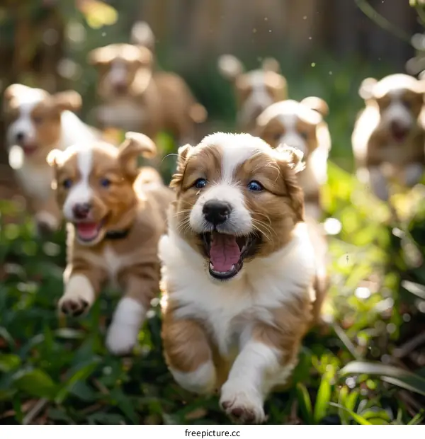 Australian Shepherd Puppies Frolic on Grassy Field