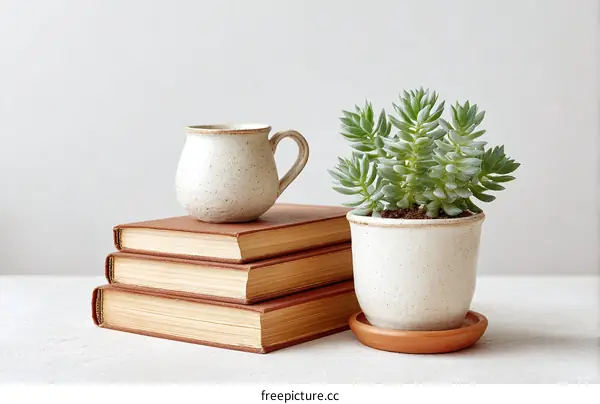 Cozy Book Stacks and Succulent Arrangement