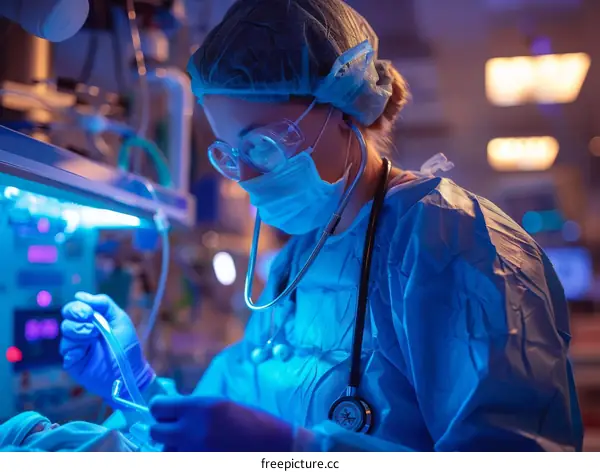Pediatrician checking newborn baby in incubator