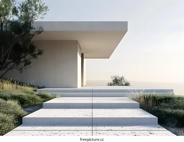 Minimalist Modern House with Concrete Steps and Greenery