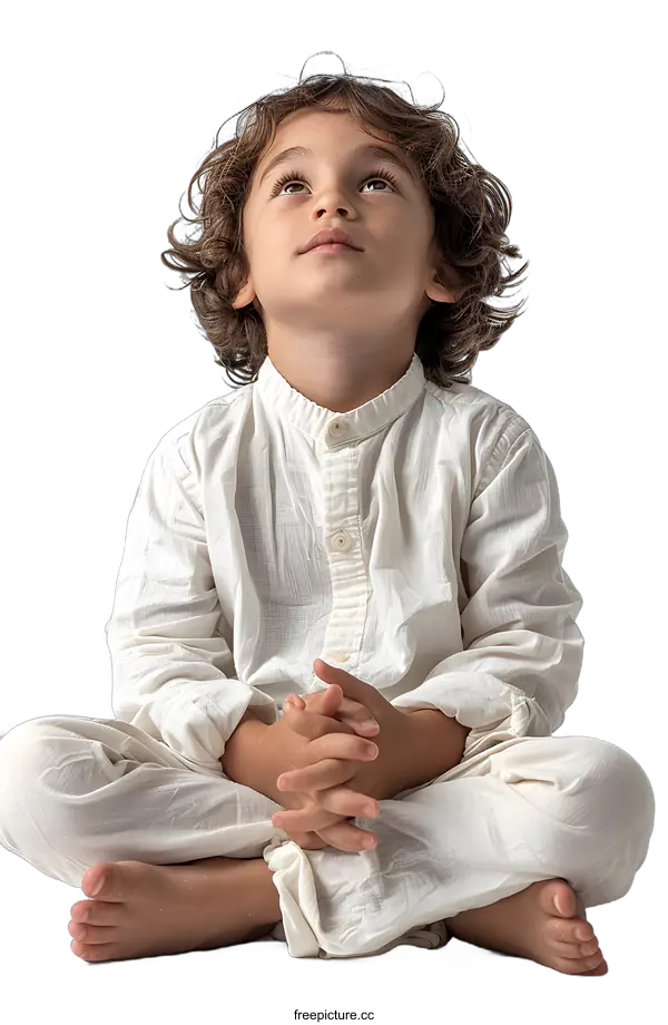 [Transparent Background PNG]Little boy in white clothes is praying