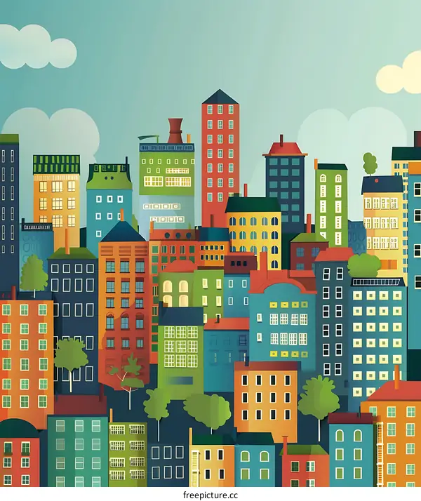 Colorful Illustration of a Cityscape with Buildings and Trees