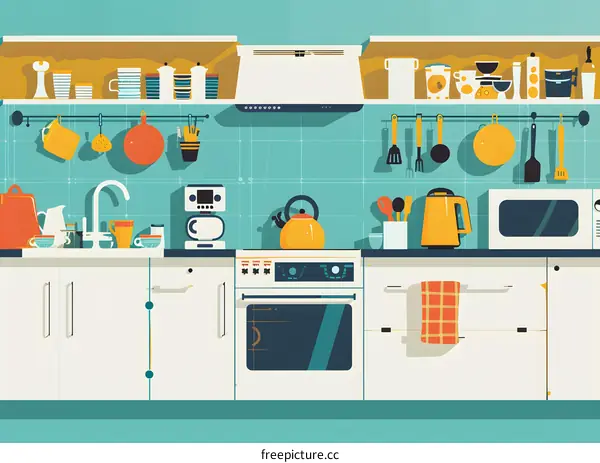 Modern Kitchen Illustration with Appliances and Utensils