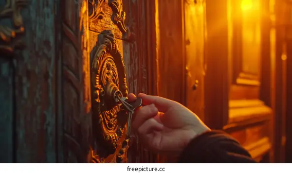 Hand unlocking the door with a key