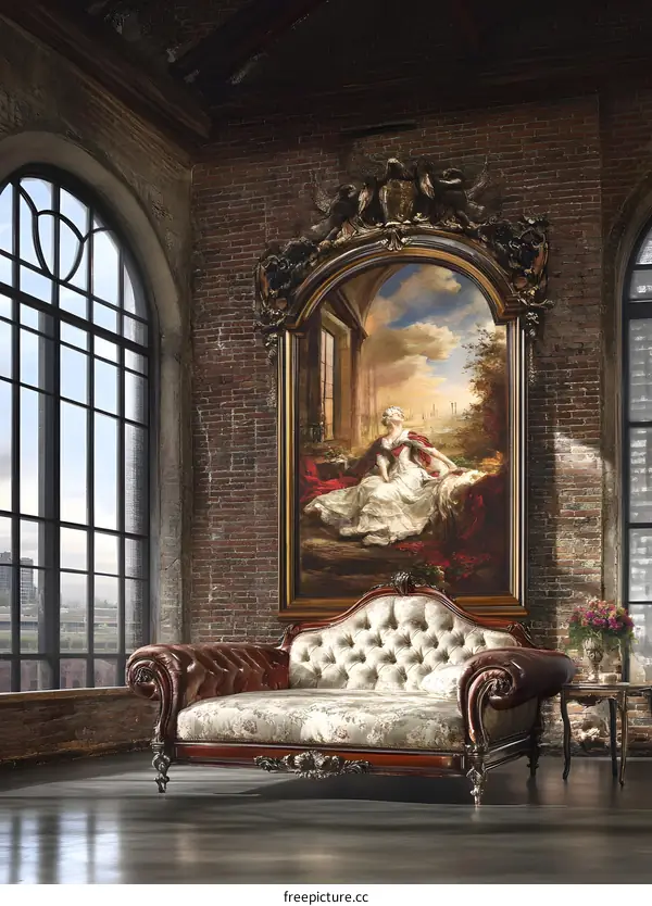 Vintage Sofa in Classic Style with a Painting in the Background