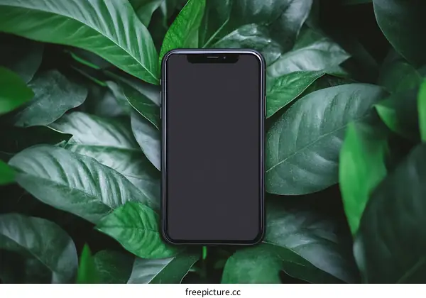 Black Smartphone on Green Leaves Background