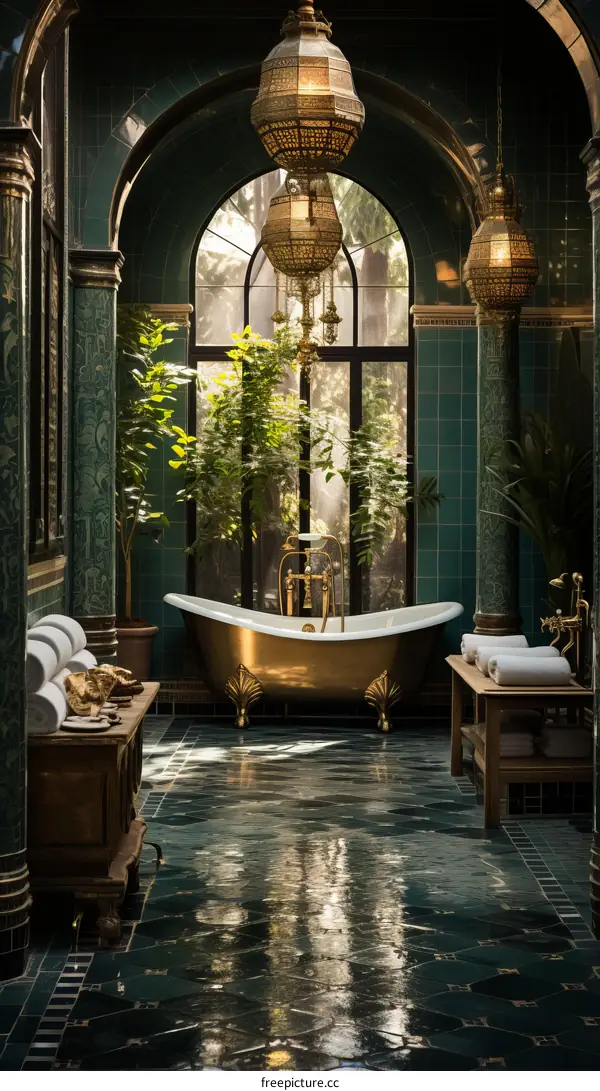Luxurious Bathroom with Freestanding Tub, Plants, and Arched Windows