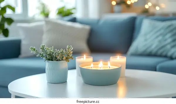 Cozy Living Room Scene with Candles and Plants