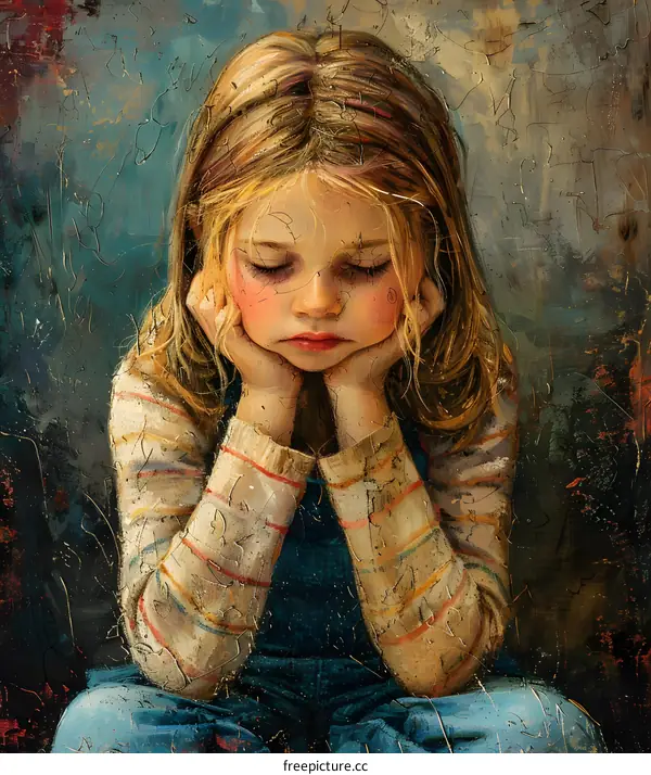 Little girl with blond hair resting her head on her hands