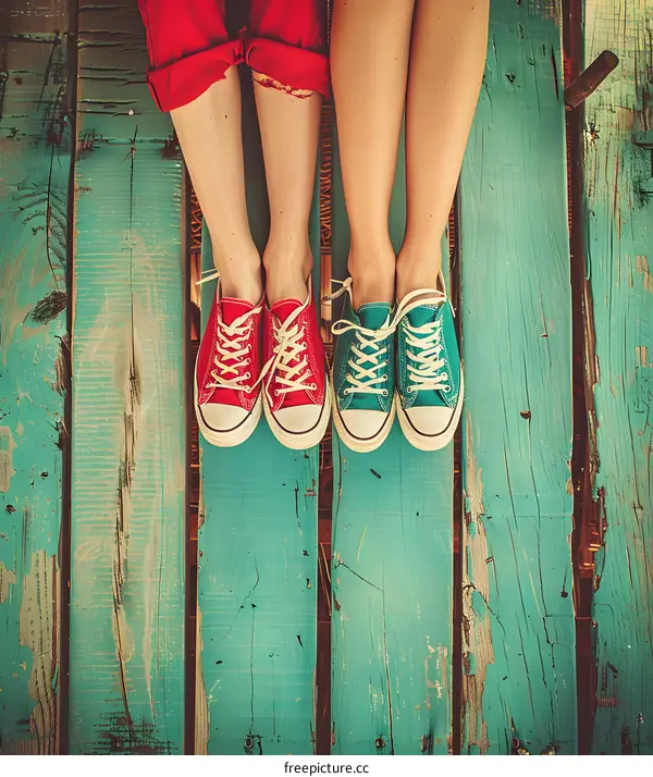 Red and Blue Sneakers on Wooden Deck