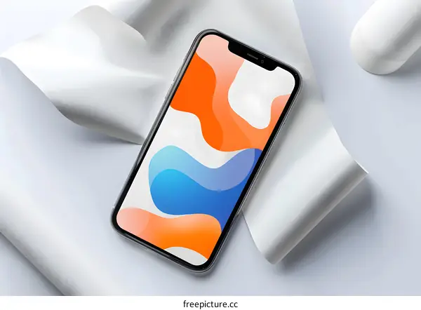 Mobile Phone Mockup With Abstract Shapes Wallpaper On White Background