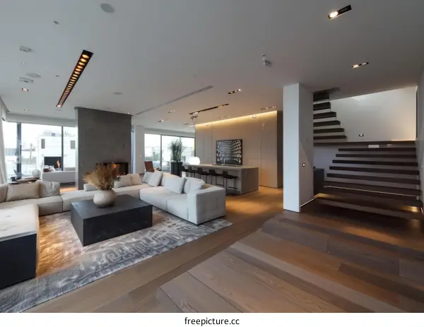 Modern luxury living room interior design with large windows and minimalist furniture