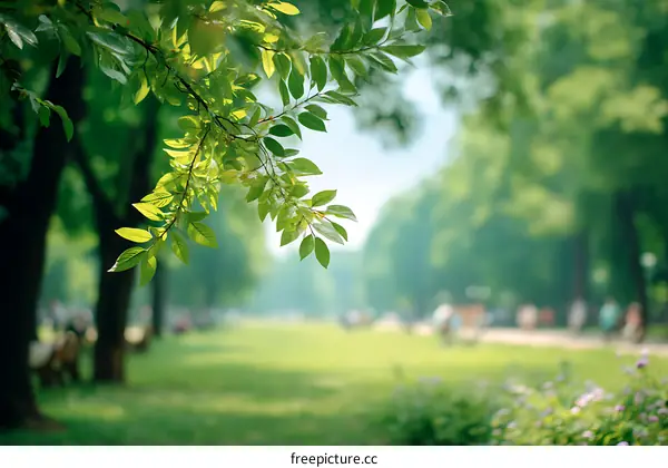 Park Scene with Lush Green Trees and Soft Sunlight
