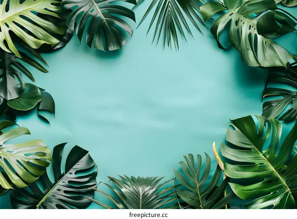 Tropical Green Leaves Frame on Blue Background