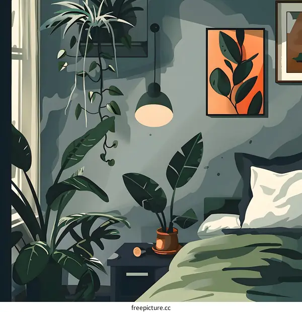 Bedroom Interior with Green Plants and Hanging Light