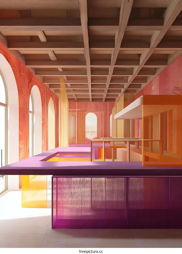 Abstract Interior Design with Wooden Ceiling and Colorful Accents