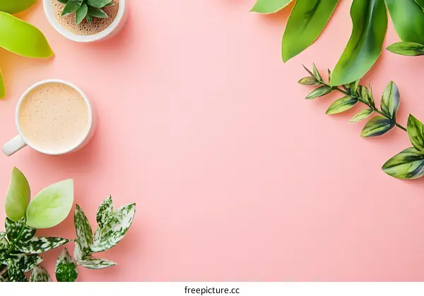 Minimalist Flat Lay With Coffee Cup and Green Leaves on Pink Background