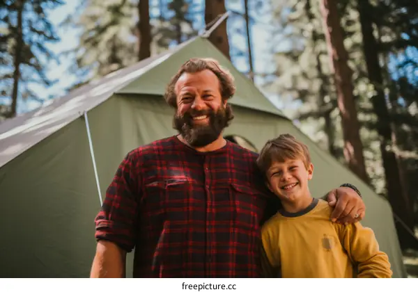 Happy caucasian father and son camping together in the woods