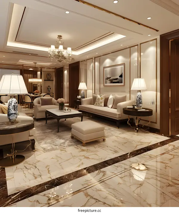 Bright living room interior design with marble floor and luxury furniture
