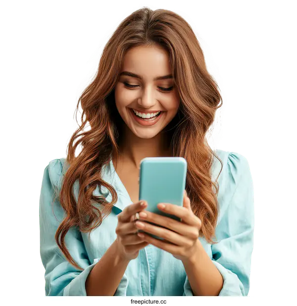 [Transparent Background PNG]Smiling Woman Using Smartphone