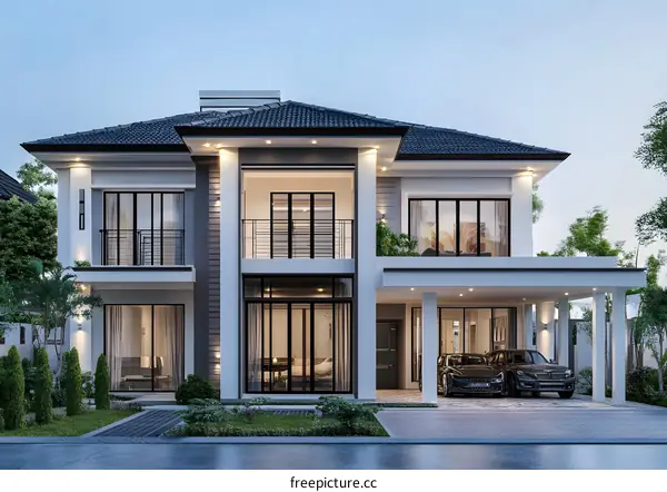 Modern Two Story House with Garage and Balcony