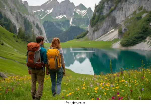 Couple admiring a mountain lake in Switzerland