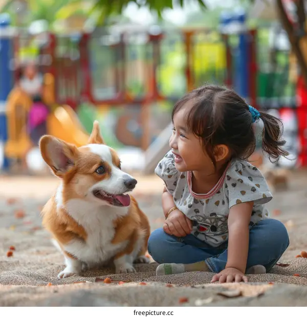 A happy girl playing with a corgi dog in the playground