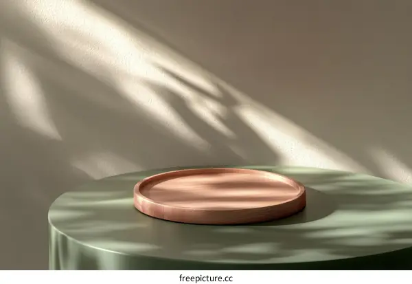 Wooden Tray Display Against Soft Beige Wall