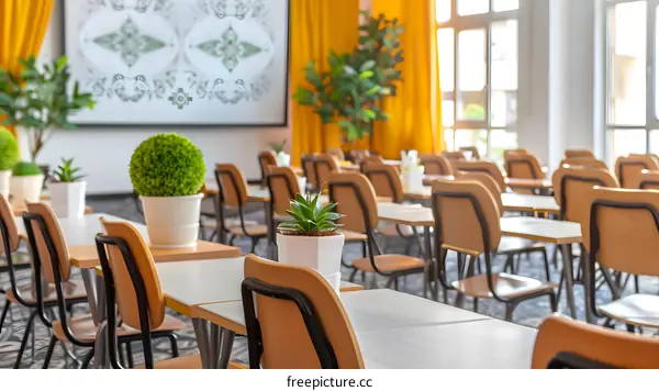 Empty Classroom With Wooden Chairs And Tables