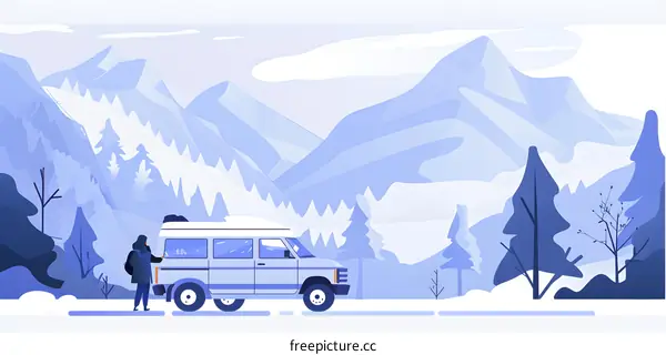 Person Standing Beside a Van in a Snowy Mountain Landscape