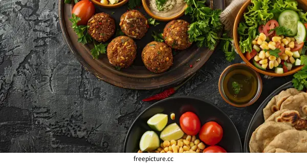 Falafel, hummus, salad, and pita with tahini