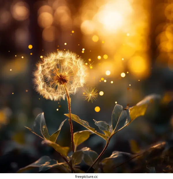 A dandelion flower with a blurred background of trees and a setting sun.