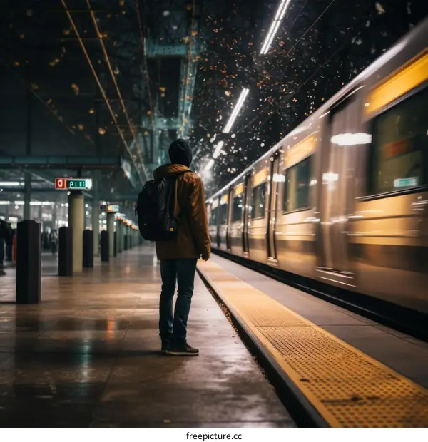 Man in a train station at night with a train passing by