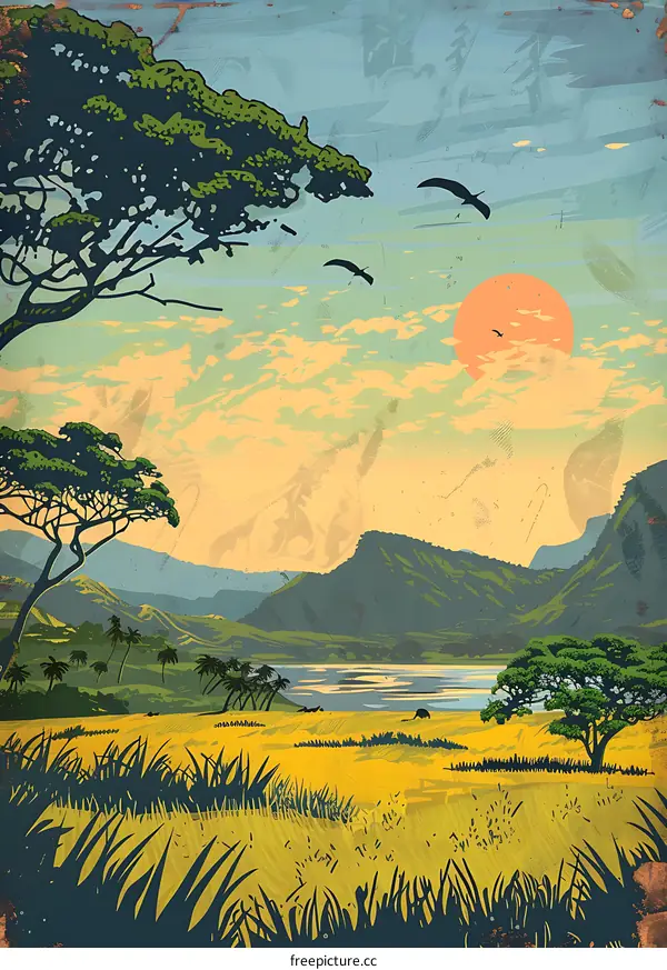 Sunset Over African Savanna Landscape