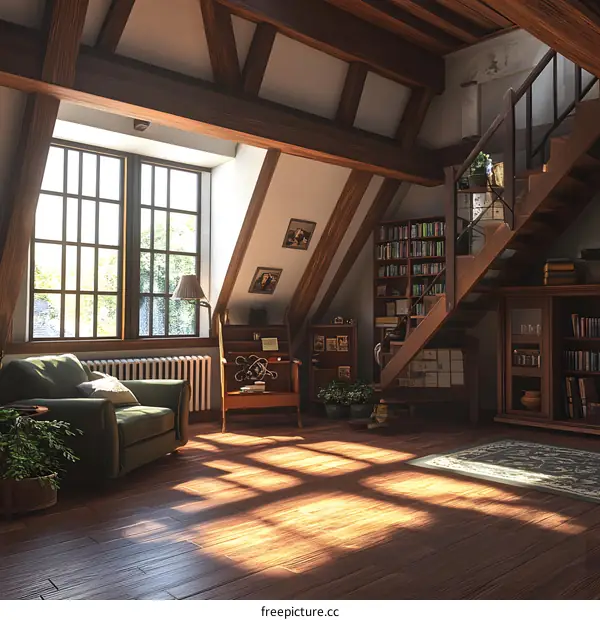 Cozy Attic Room With Wooden Beams And Sunbeams