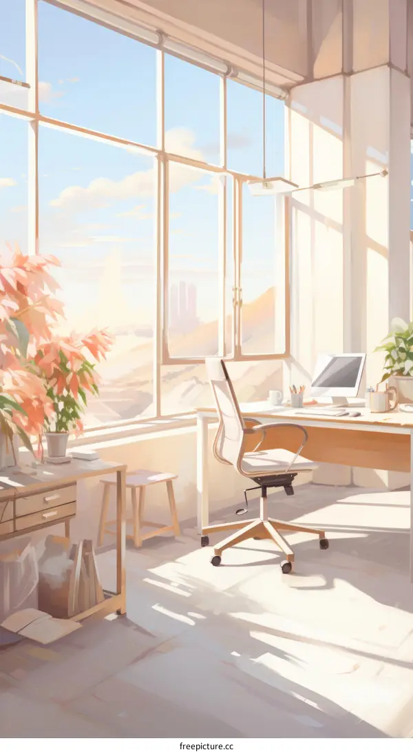 An illustration of a home office with a large window, a desk, a chair, and a few plants