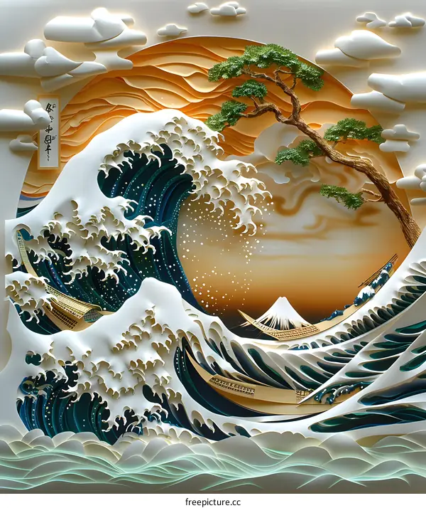 ukiyoe style illustration of a tsunami