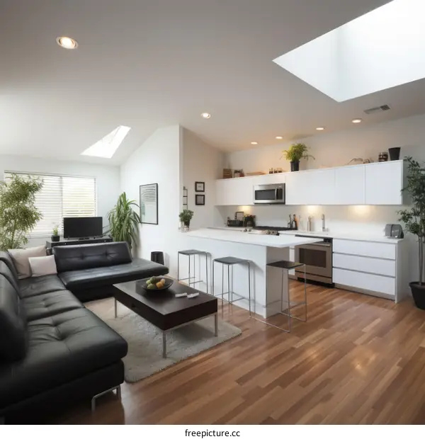 An open living space with a kitchen, living room, and dining area