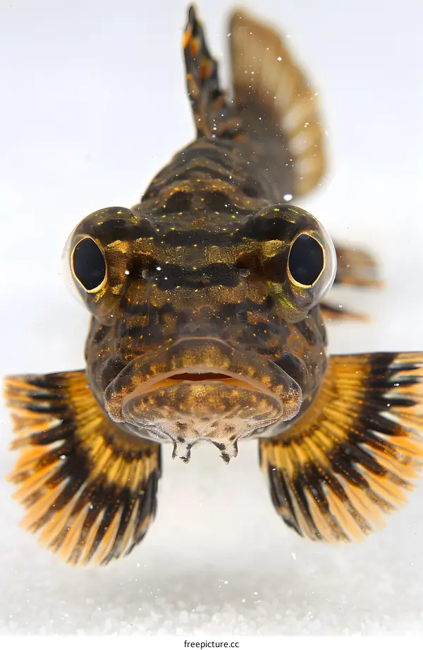 fish with orange fins and black eyes looking at camera