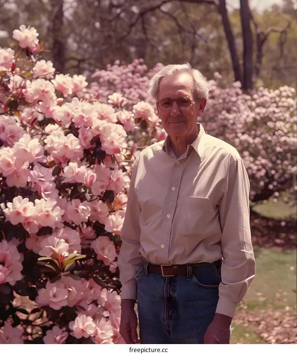Portrait of a man standing in a garden of azalea flowers