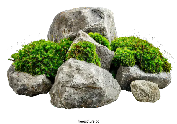 [Transparent Background PNG]Gray rocks with green moss isolated on transparent background