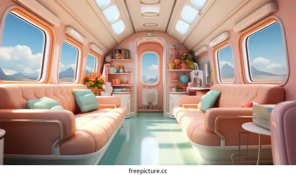 Retro futuristic train car interior concept art