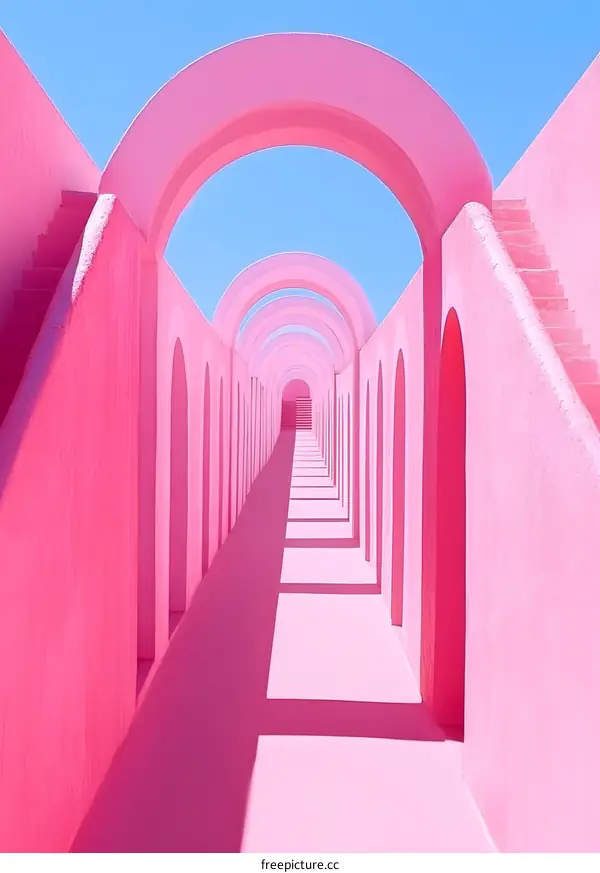 Pink Archway Corridor with Stairs and Shadows