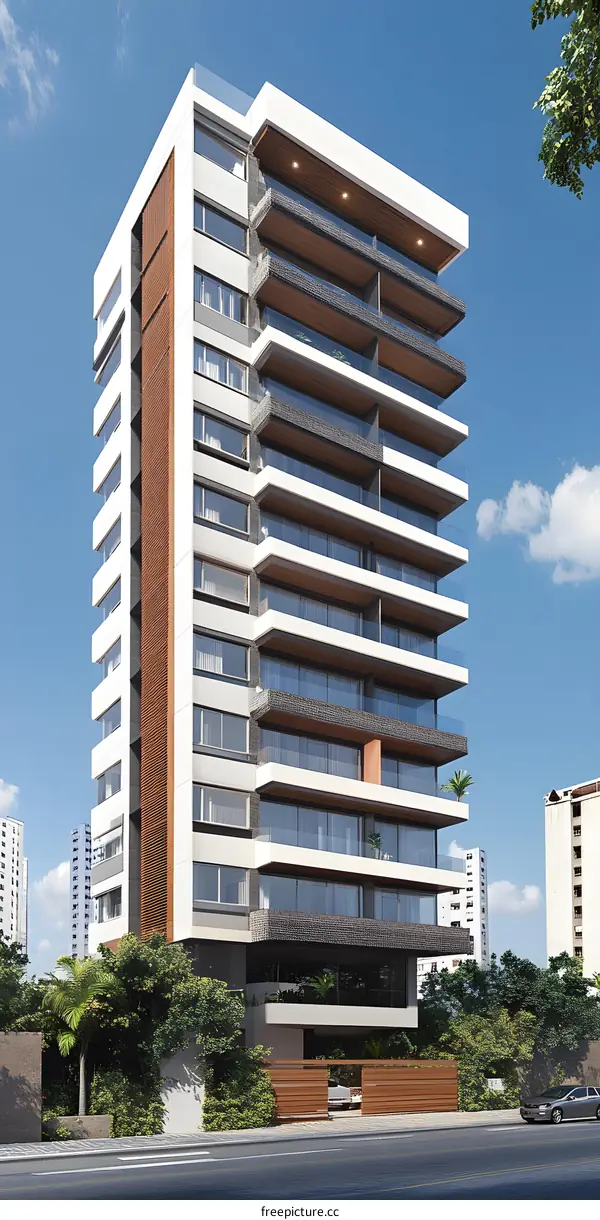 Modern Apartment Building with Balconies and Trees