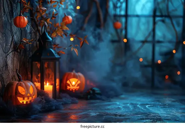 Halloween pumpkins and lantern in a spooky forest