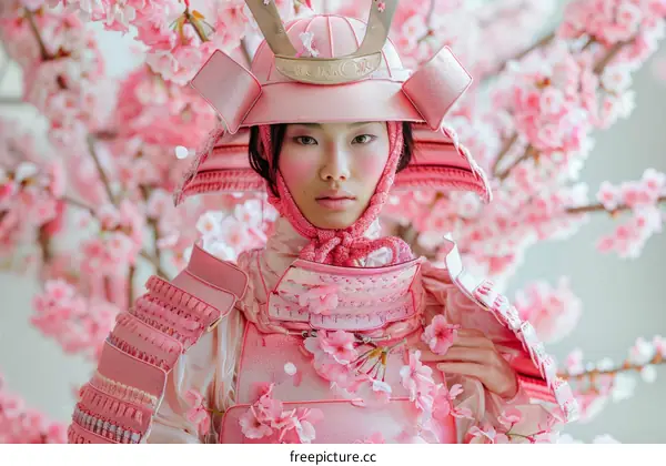 A woman wearing a pink samurai armor stands in a field of cherry blossoms.