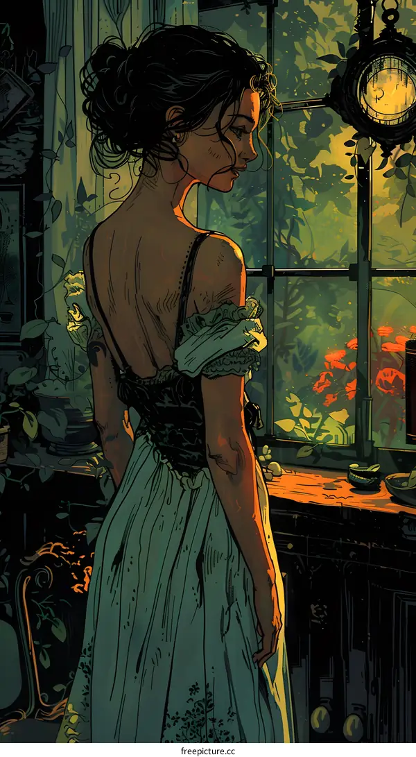 A woman standing in front of a window